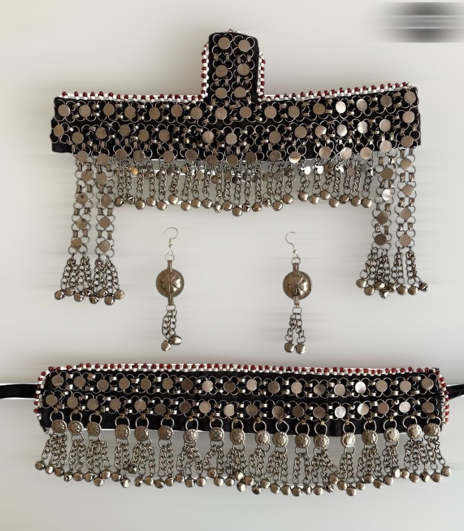 Traditional Afghan Silver-Color Necklace and Earrings Set